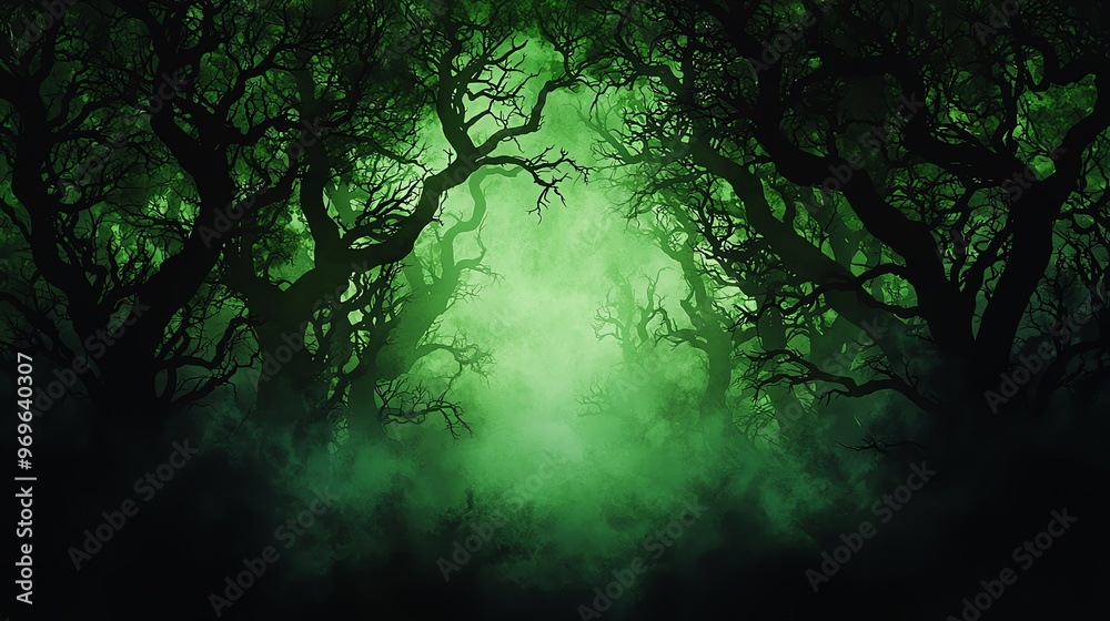 Naklejka premium A mysterious forest shrouded in green mist, evoking a sense of enchantment and wonder through its dark, twisting trees.