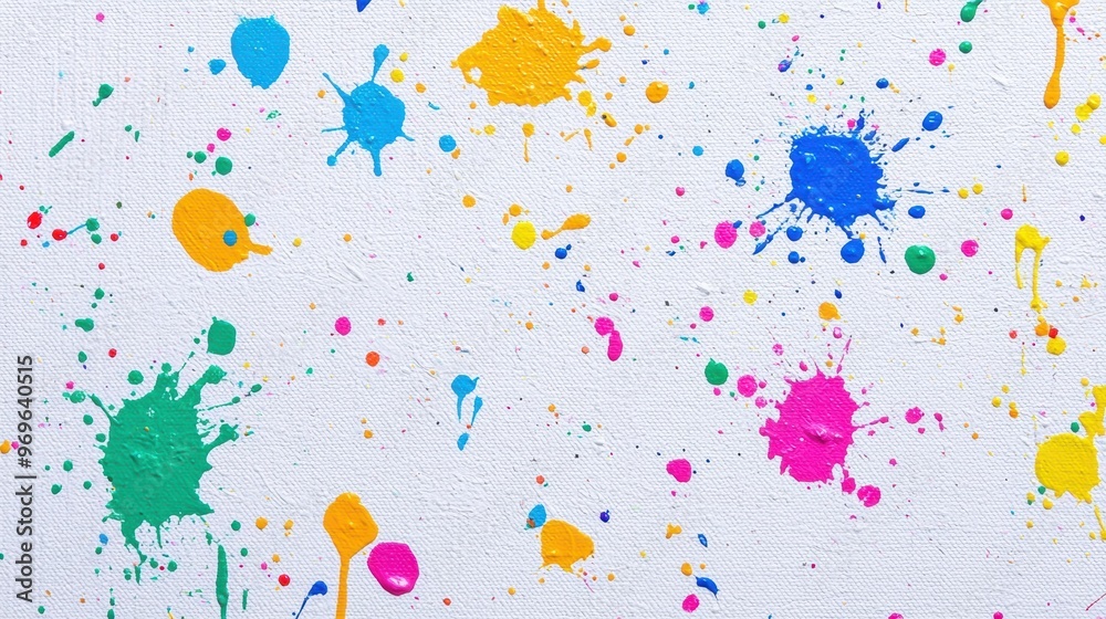 Colorful paint splatters scattered across a white canvas background. The vibrant splashes of pink, blue, green, yellow, and orange create a playful and abstract design. Colorful paint splatters scattered across a white canvas background. The vibrant splashes of pink, blue, green, yellow, and orange create a playful and abstract design.