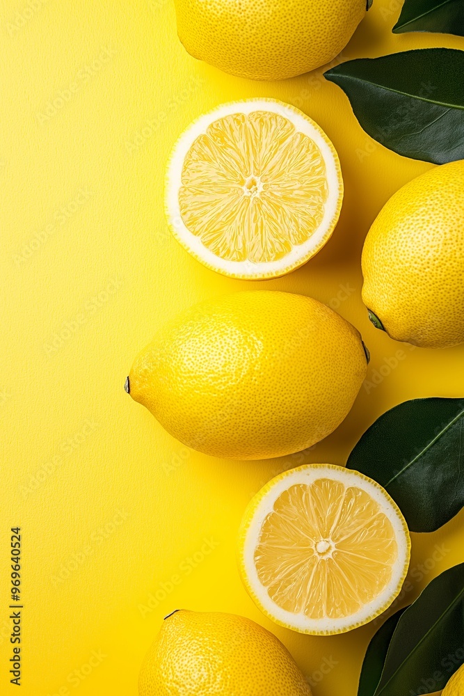 Whole lemons and lemon halves accompanied by green leaves, presented on a bright yellow background for a fresh appeal. Whole lemons and lemon halves accompanied by green leaves, presented on a bright yellow background for a fresh appeal.