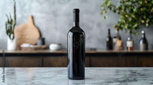 A modern wine bottle with sleek packaging design stands prominently on marble countertop, surrounded by stylish kitchen backdrop. elegant silhouette and refined aesthetics evoke sense of sophisticatio photo