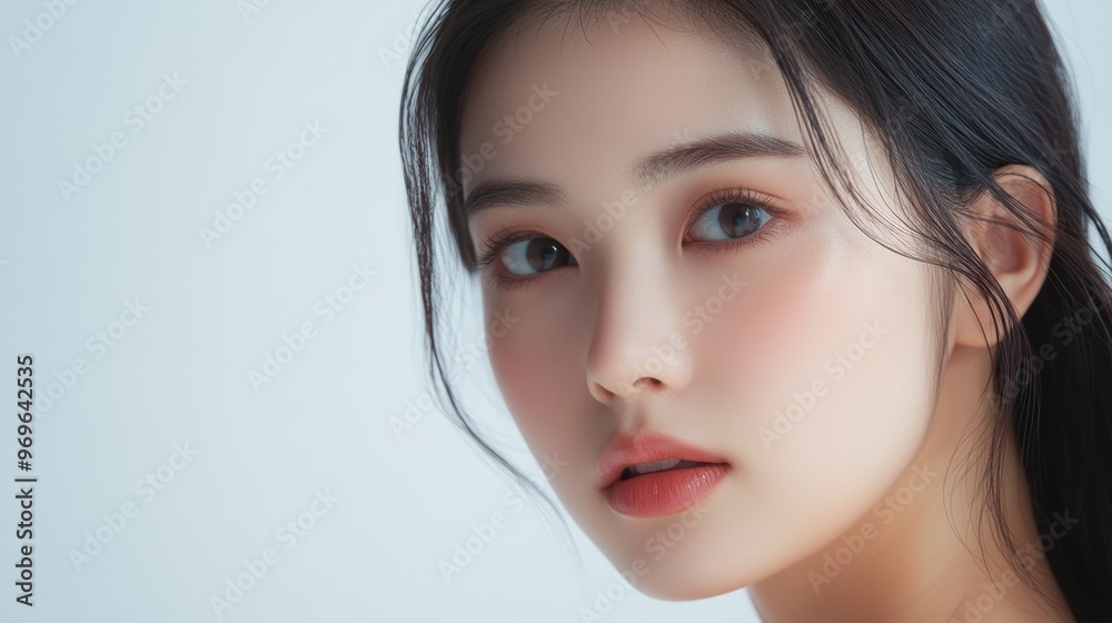 Naklejka premium Close-up portrait of a young woman with natural makeup.