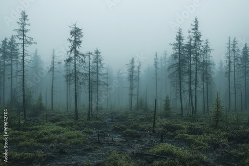 Foggy Forest with Bare Trees and Dense Greenery