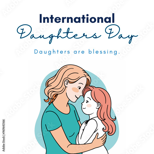 Happy Daughter Day. Happy mom with her female child in continuous line art drawing style. Mother and daughter hugging. Minimalist black linear sketch isolated on white background. Vector illustration