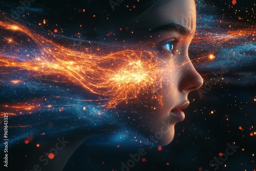 Computational neuroscience quantum field cellular automaton nanostructures and axonal sprouting close up side profile of woman with flowing cosmic energy particles around her face