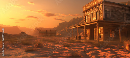 The wild west saloon in a western desert town, game background, Illustration photo