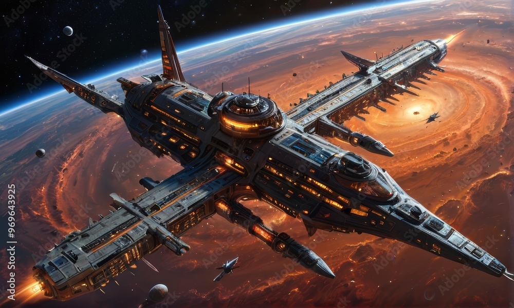 Futuristic Space Station Orbiting Alien Planet Futuristic Space Station Orbiting Alien Planet