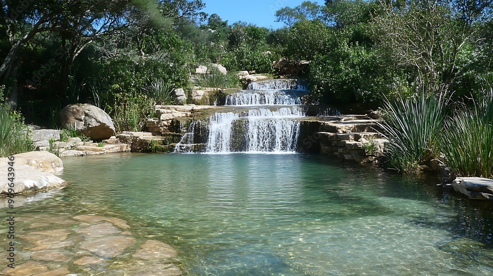 Naklejka premium Serene Waterfall in a Lush Green Forest.