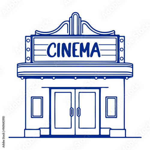 A blue outline illustration of a classic movie theater building with the word "CINEMA" displayed prominently on the marquee