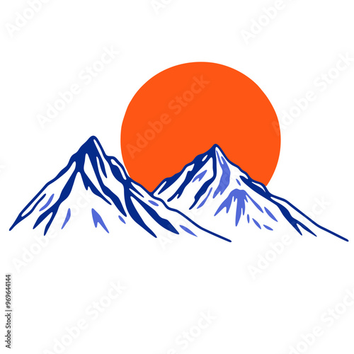 mountains with a large orange sun in the background