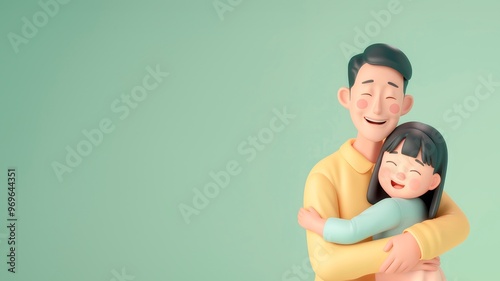 Asian Father and Daughter in Serene Embrace, 3D cartoon-style illustration