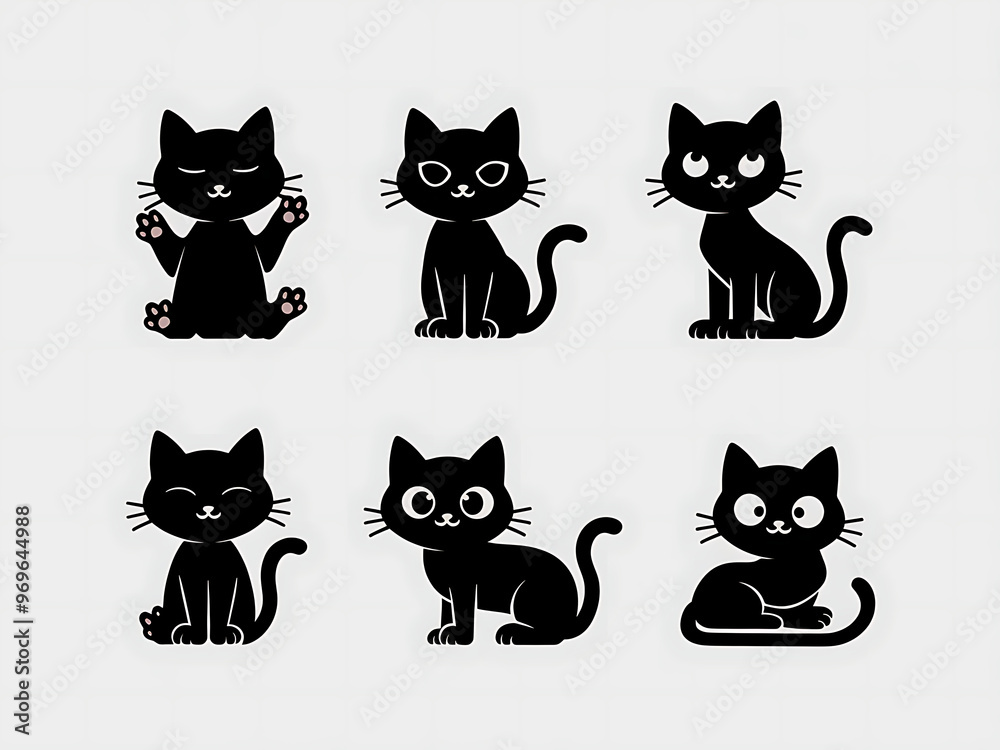 Fototapeta premium Cat silhouette set in various poses. 