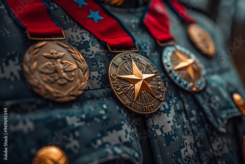Military medals displayed on a uniform with red ribbons, honoring service and dedication to the nation in an outdoor setting photo