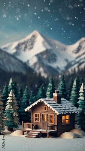 Paper craft winter scene with a cozy cabin and snowy mountains.