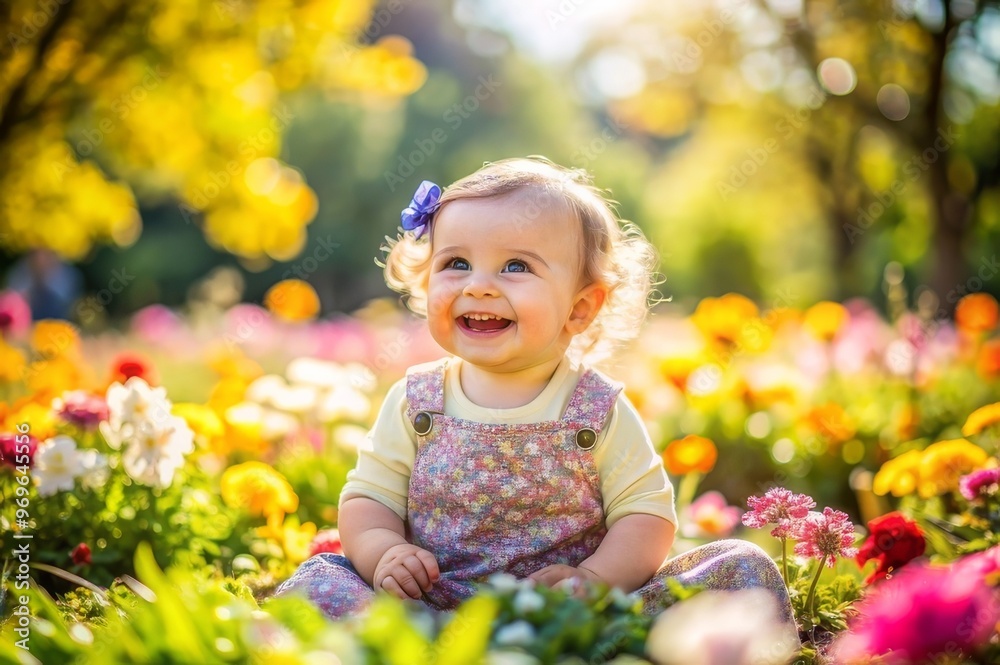 Happy little baby girl sitting in the flowers field on a sunny day Happy little baby girl sitting in the flowers field on a sunny day
