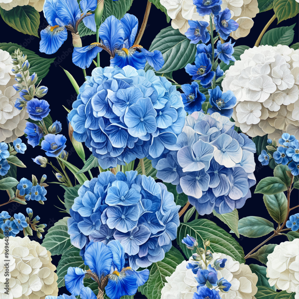 Seamless vector pattern with blue garden flowers isolated on a changeable background. Vintage painting style illustration. Seamless vector pattern with blue garden flowers isolated on a changeable background. Vintage painting style illustration.