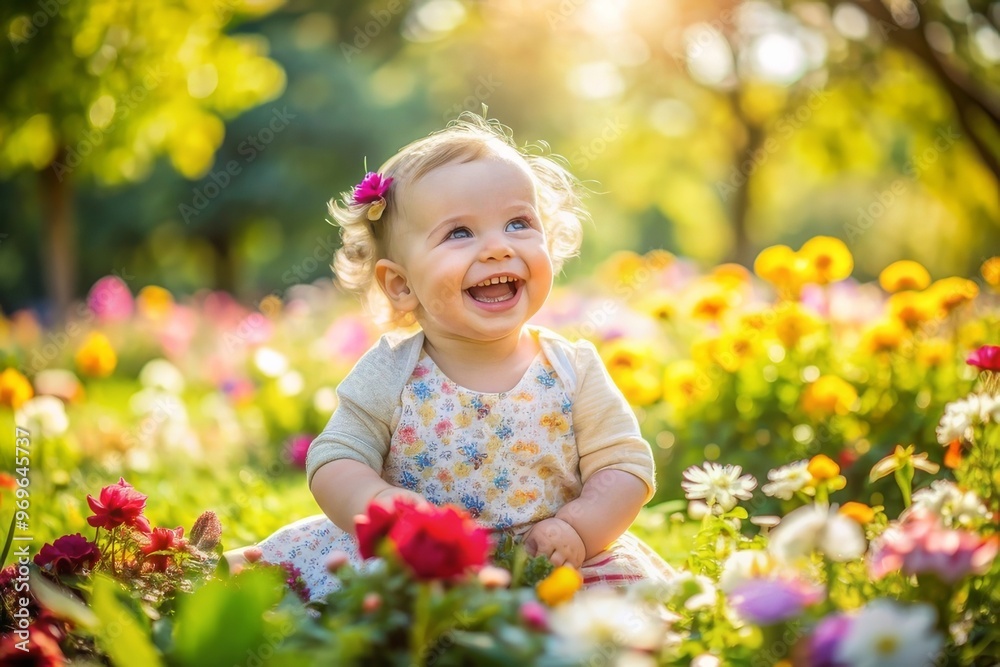 Happy little baby girl sitting in the flowers field on a sunny day
