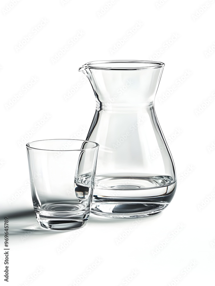 Elegant Minimalist Bedside Water Carafe and Glass Set Transparent Clear Liquid Container Pitcher Cup Vase Decanter Jug on Simple White Studio Background Elegant Minimalist Bedside Water Carafe and Glass Set Transparent Clear Liquid Container Pitcher Cup Vase Decanter Jug on Simple White Studio Background