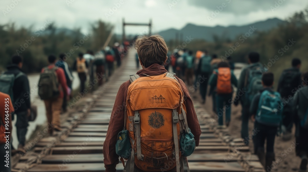 A group of people carries their backpacks while walking over a newly built bridge at dusk A group of people carries their backpacks while walking over a newly built bridge at dusk