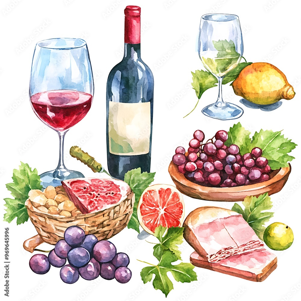 Watercolor Illustration of Wine, Grapes, and Other Delicacies. Watercolor Illustration of Wine, Grapes, and Other Delicacies.