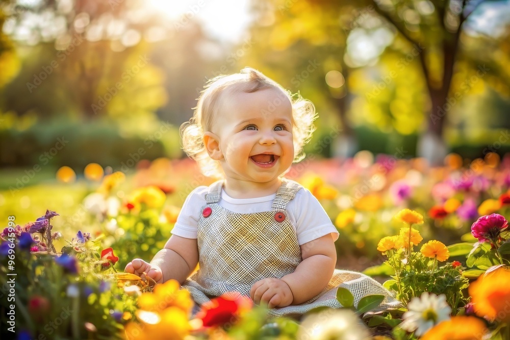 Happy little baby girl sitting in the flowers field on a sunny day Happy little baby girl sitting in the flowers field on a sunny day