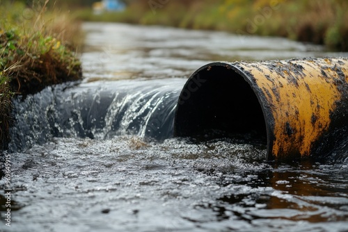 Polluted water flowing from industrial pipe