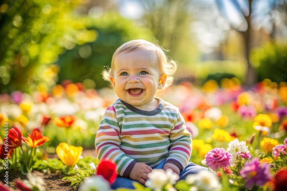 Happy little baby girl sitting in the flowers field on a sunny day Happy little baby girl sitting in the flowers field on a sunny day