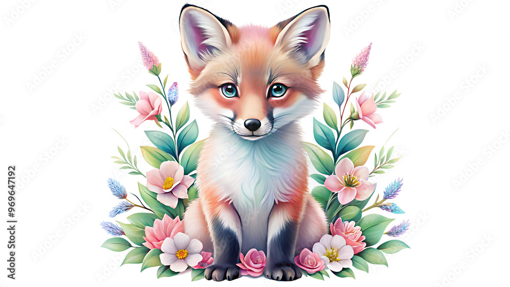 Obraz premium Enchanting Fox Illustration with Vibrant Spring Flowers in a Whimsical Botanical Setting