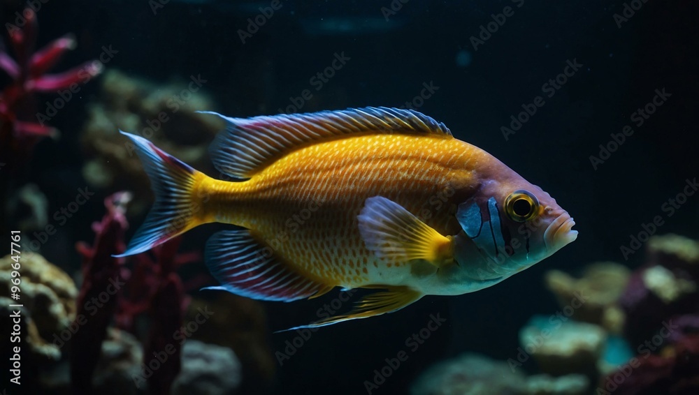 A close-up of an exotic fish in a dark aquarium, showcasing its vivid colors and detailed features against the shadowy backdrop. A close-up of an exotic fish in a dark aquarium, showcasing its vivid colors and detailed features against the shadowy backdrop.
