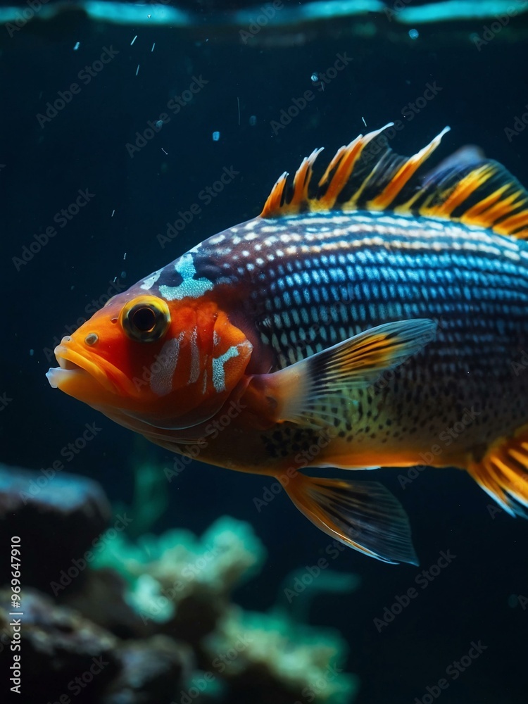 A close-up of an exotic fish swimming in a dark aquarium, focusing on its vivid colors and fluid movement. A close-up of an exotic fish swimming in a dark aquarium, focusing on its vivid colors and fluid movement.