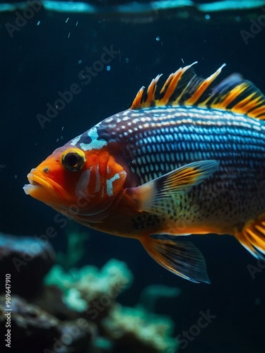 A close-up of an exotic fish swimming in a dark aquarium, focusing on its vivid colors and fluid movement.