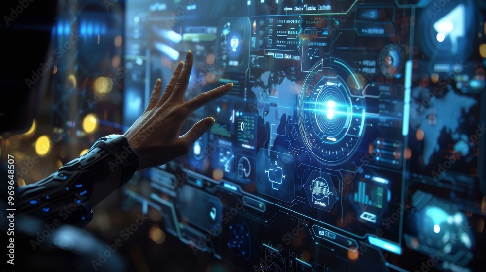 A hand interacts with a futuristic digital interface, displaying data and graphs. The screen glows with blue light, showcasing advanced technology. A hand interacts with a futuristic digital interface, displaying data and graphs. The screen glows with blue light, showcasing advanced technology.