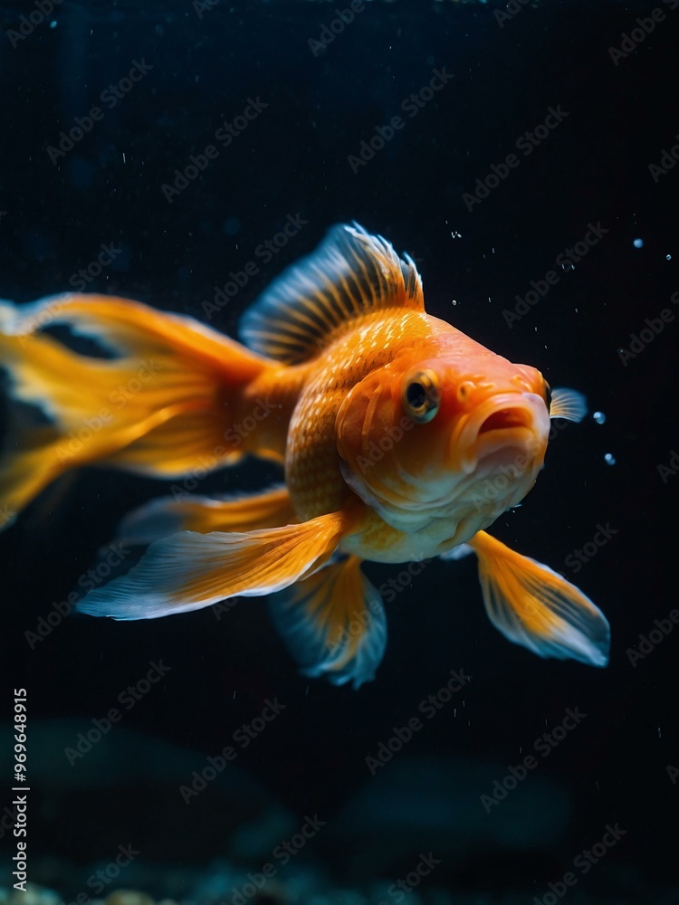 A goldfish gliding through a dark aquarium, captured in a close-up shot that emphasizes its luminous scales and movement. A goldfish gliding through a dark aquarium, captured in a close-up shot that emphasizes its luminous scales and movement.