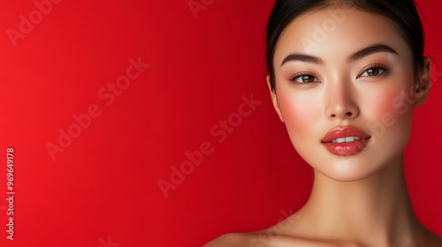 Beautiful Woman with Red Lips on Red Background.