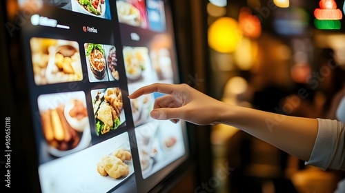 A customer's hand touches a touch screen to order food and pay electronically