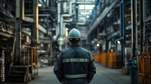 A factory worker in safety attire observes the busy manufacturing environment around him