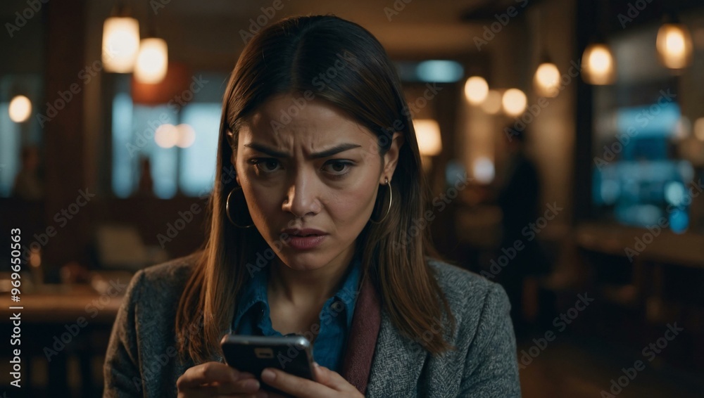 A woman receiving a suspicious message on her smartphone, representing the concept of phone scams and phishing. A woman receiving a suspicious message on her smartphone, representing the concept of phone scams and phishing.