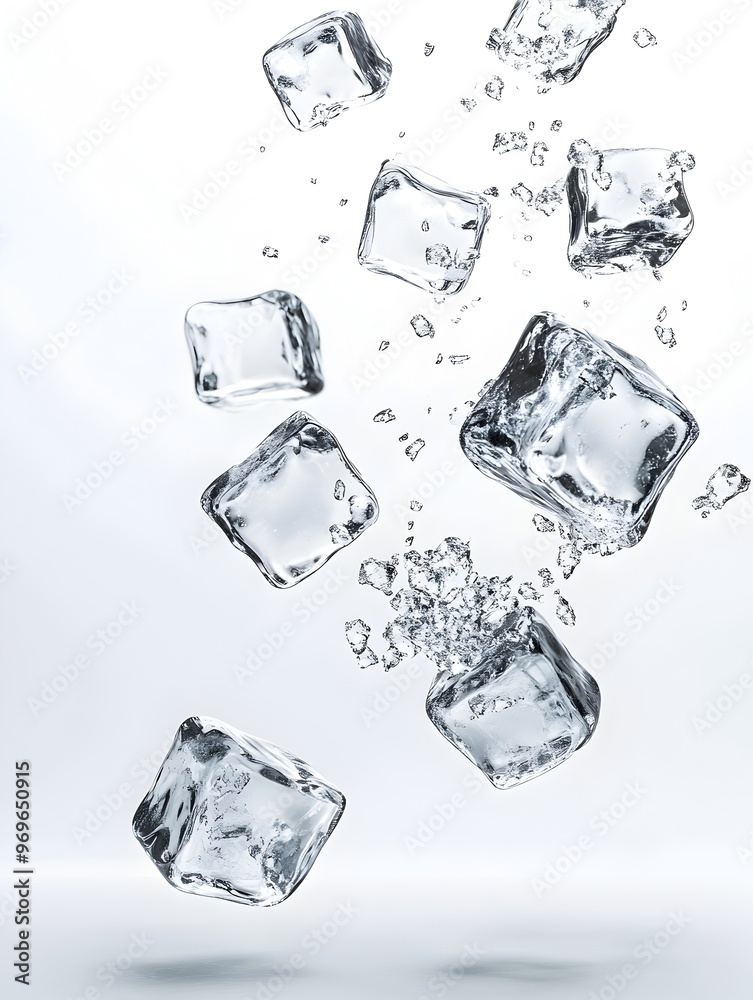 Floating and colliding ice cubes creating a splash of water droplets in a transparent chilled liquid The ice crystals refract light creating an abstract frozen and glossy visual effect Floating and colliding ice cubes creating a splash of water droplets in a transparent chilled liquid The ice crystals refract light creating an abstract frozen and glossy visual effect
