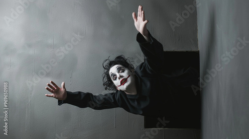 A person pretending to be a mime, comically acting as if they are trapped in an invisible box against a grey wall, fooling around for laughs.