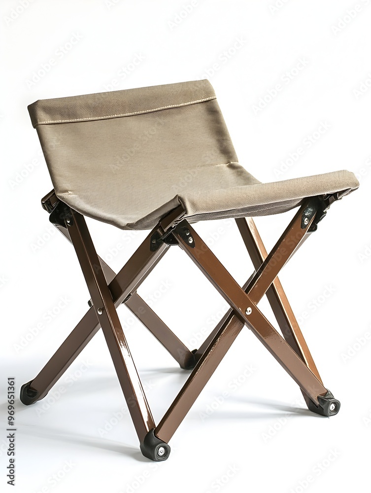 Folding camping stool with a fabric seat and a lightweight metal frame isolated on a plain white background This versatile and portable outdoor furniture piece is perfect for hiking picnics Folding camping stool with a fabric seat and a lightweight metal frame isolated on a plain white background This versatile and portable outdoor furniture piece is perfect for hiking picnics