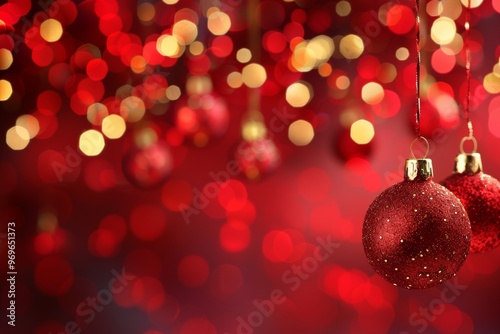 Festive red christmas ornaments with bokeh lights
