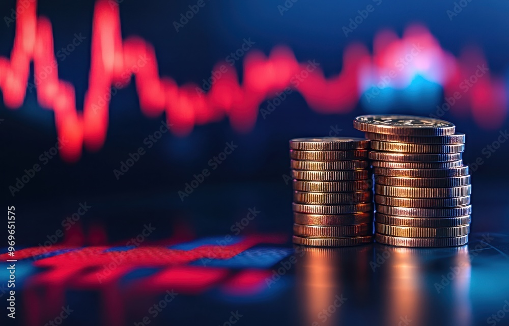 A stack of coins with stock market charts and graphs in the background, symbolizing financial growth or shaded by a rising line graph, set against an abstract digital backdrop Generative AI A stack of coins with stock market charts and graphs in the background, symbolizing financial growth or shaded by a rising line graph, set against an abstract digital backdrop Generative AI