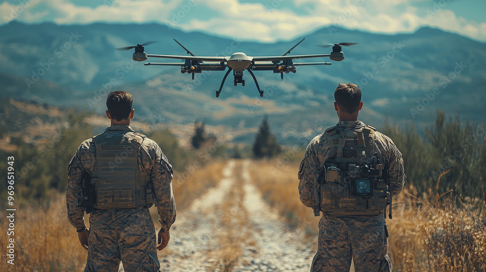 Two soldiers watch a drone fly overhead.