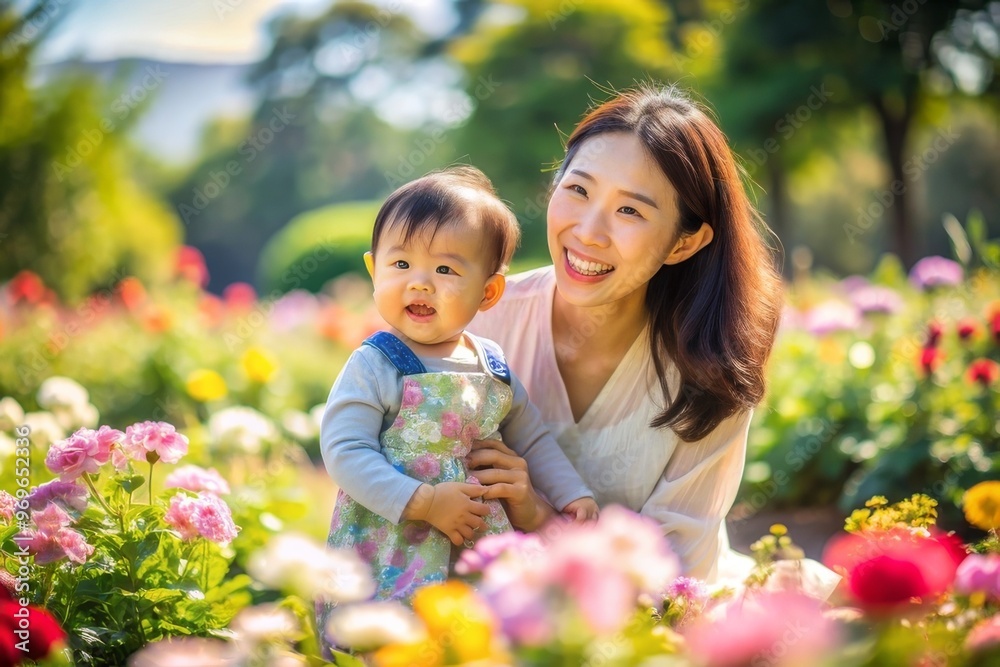 Mother holding the baby in the yellow flower garden,outdoor family love concept Mother holding the baby in the yellow flower garden,outdoor family love concept
