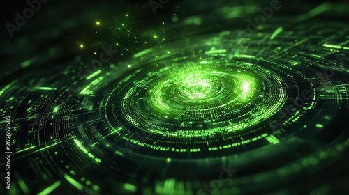 Abstract quantum computing core radiating vibrant green light, with dynamic data streams and complex algorithmic patterns orbiting around it, in a hightech atmosphere