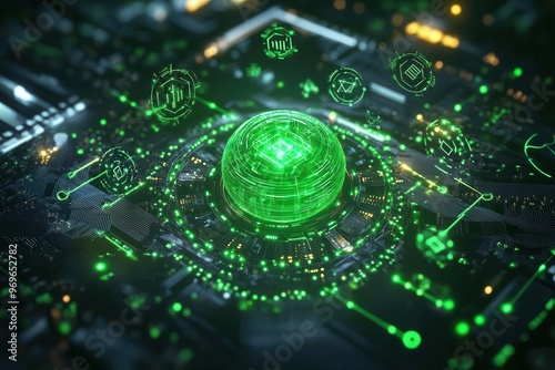 Abstract quantum computing core emitting vibrant green light, with swirling data streams and complex algorithmic symbols orbiting around it, immersed in a hightech background