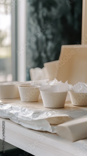 Compostable packaging designed for sustainability displayed on a clean wooden surface in a modern environment photo