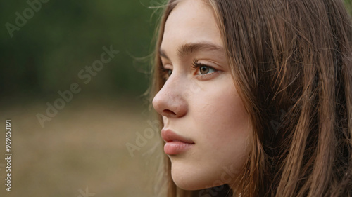 Close-up portrait of a cute girl with long hair in the field