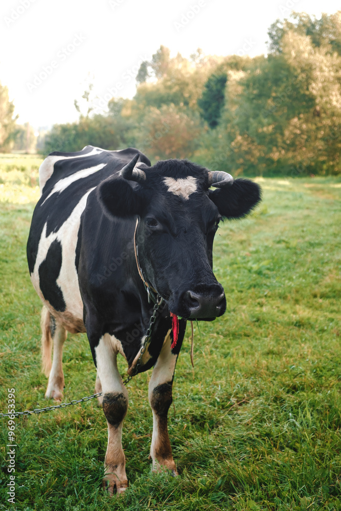 One black and white cow standing in a pasture and looks at the camera. Heart shaped mark on forehead. Symbol of love. Sign of luck and happiness. Cattle domestic animal grazing in a meadow. Vertical One black and white cow standing in a pasture and looks at the camera. Heart shaped mark on forehead. Symbol of love. Sign of luck and happiness. Cattle domestic animal grazing in a meadow. Vertical