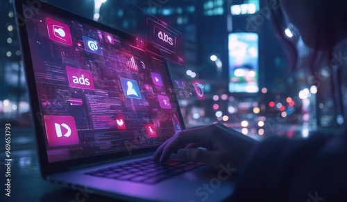 Person using laptop with digital ads on screen in city at night.