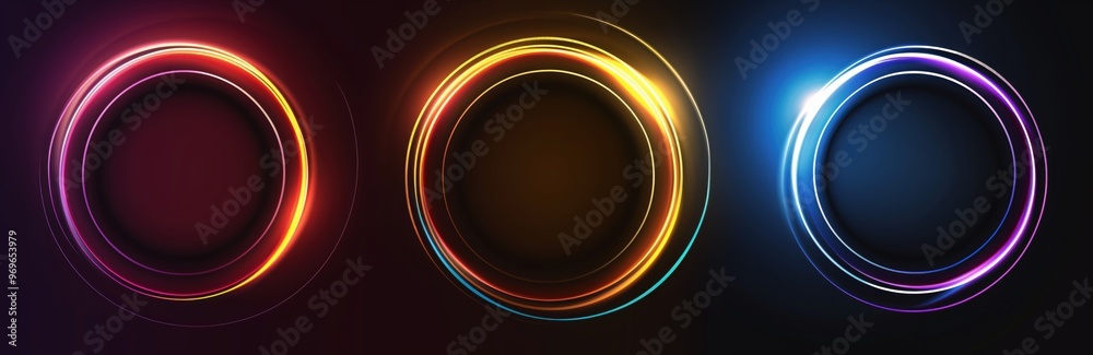 Three glowing circles in different colors. The circles are in a dark background Three glowing circles in different colors. The circles are in a dark background